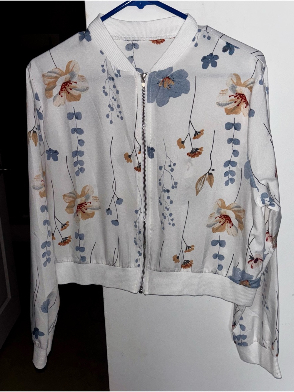 SHEIN White Bomber Jacket with Blue and Beige Floral Print